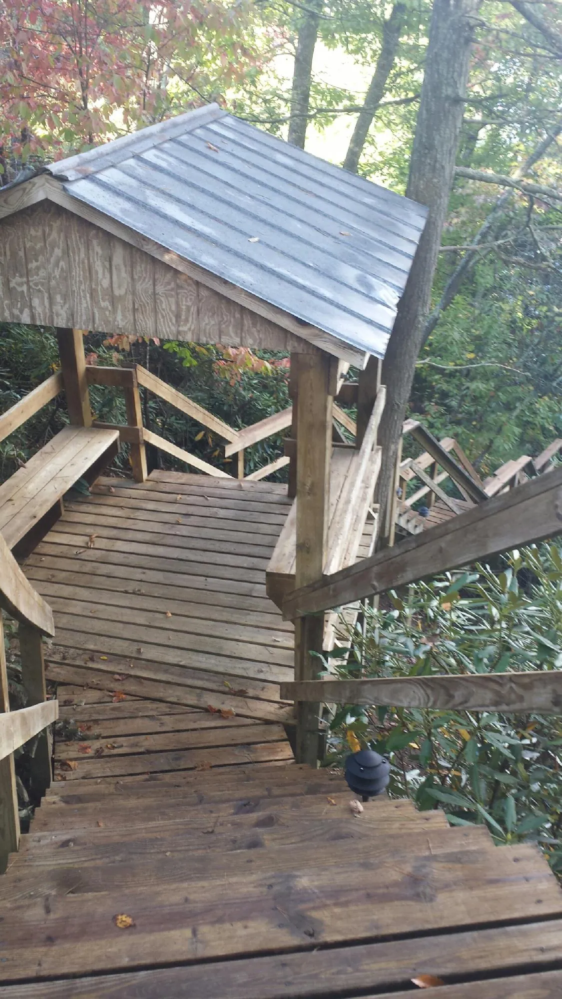 Metal roofed shelter over wooden steps on a wooded walkway — Skylight Repair & Installation work by our crew in Jetson